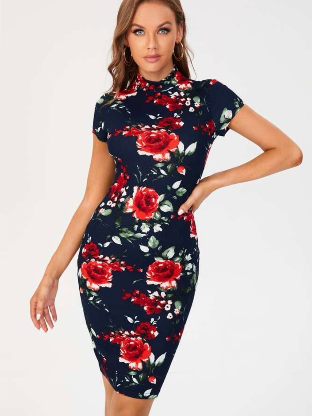 Black Midi Dress with Red Rose Print